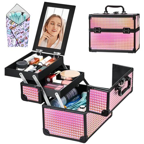Makeup Case Organizer,Makeup Train Case, Trays Cosmetic Box Portable, Profesional for Salon Barber,Black Bright Pink - color: Black Bright Pink