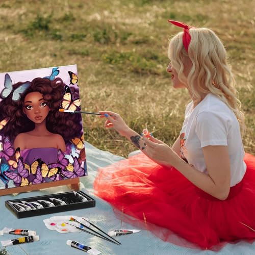 Cholemy 36 Pcs Paint and Sip Kit for Adults 8''x10'' Pre Drawn Canvas for Painting DIY Afro Acrylic Painting Kit Wood Easel Brushes Date Night Bulk for Summer 4th of July Party Gift(Sunshine Lady) - style: Sunshine Lady