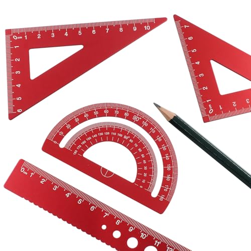 4 Pcs Triangular Ruler Set, Aluminum Alloy Geometry Tools, Metal Drafting Ruler for Students, Draftsmen, Engineers, School Office Supplies with Protractor & Metric Scales (Red) - color: Red