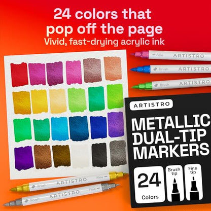 ARTISTRO 24 Metallic Acrylic Paint Markers - Paint Pens for Drawing - For Fabric, Rock, Glass, Wood, Molds - Arts & Crafts Gift for Adults, Teens, Kids, Classroom Must Haves & School Supplies