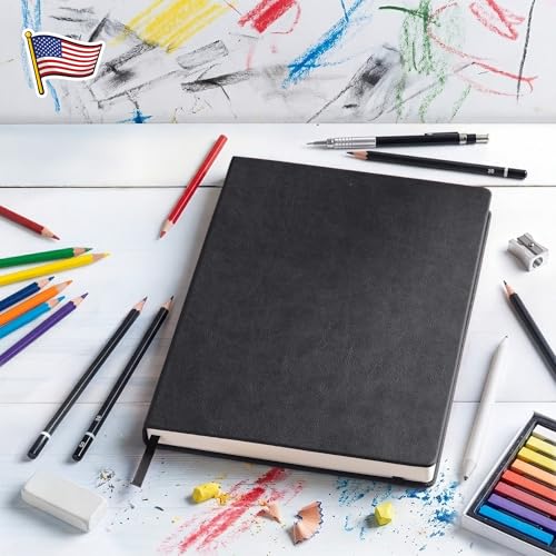 BROWNSTONE JOURNALS A4 Sketch Book Hardcover - 80 Sheets 100 GSM Paper 8.5"x11.5", Lay Flat, Vegan Leather Cover, Elastic Band, Back Pocket, Art Drawing Book (Charcoal Black) - color: Charcoal Black, size: A4 (8.5" x 11.5")