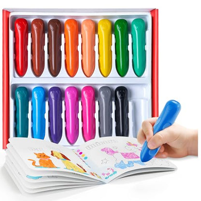 JoyCat 16 Colors Jumbo Crayons for Toddlers 1-3, Washable Triangular Large Crayons for Kids Ages 4-8, Easy-Grip Unbreakable Non-Toxic Art Supplies with Coloring Book, Early Childhood Birthday Gifts