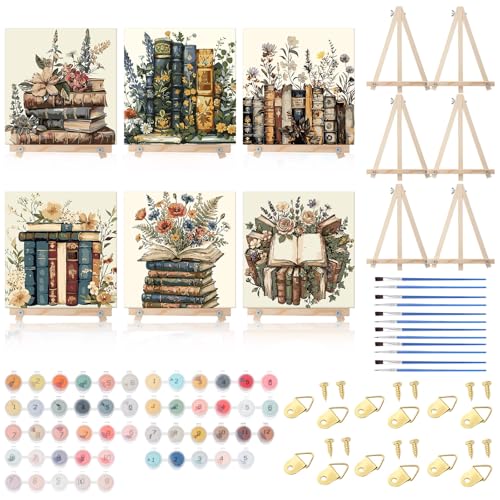 YooNotee 6 Pack Book Paint by Numbers Kit on Canvas with Wooden Easels & Brushes, 8x8 Inch Halloween Canvas Art Set for Adults DIY Flowers Acrylic Painting for Home Wall Decor - style: Book