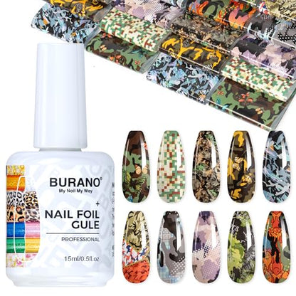 BURANO Nail Art Nail Foil Glue Gel, o.5 oz with 10PCS Foil Stickers Set Nail Foil Glue for Nails Foil Transfer Gel, Nail Design DIY UV LED Lamp Required (Color 19) - color: Color 19