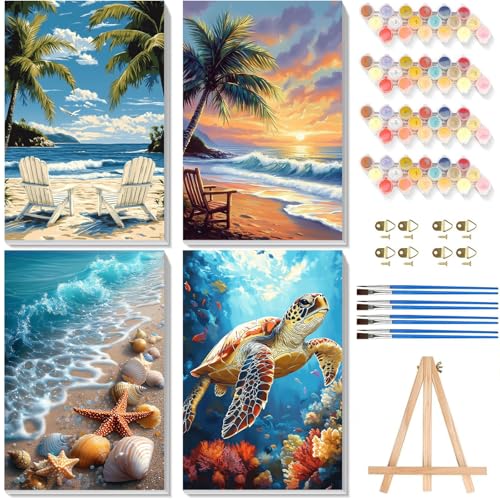 4 Pack Paint by Numbers for Adults with Framed Canvas - with Wooden Easel, Beach Paint by Number on Canvas, DIY Sea Turtle Acrylic Oil Painting Kits with Brushes for Home Wall Decor (8x12 inch) - color: BKMT0055+BKMT0056+BKMT0057+BKMT0058