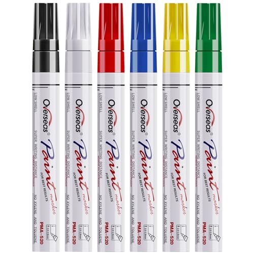 Overseas Paint Pens Paint Markers, 6 Colors Oil Based Permanent Markers, Medium Tip, Quick Dry and Waterproof Assorted Color Marker Pen for Metal, Wood, Plastic, Rock, Canvas, Glass, Rubber
