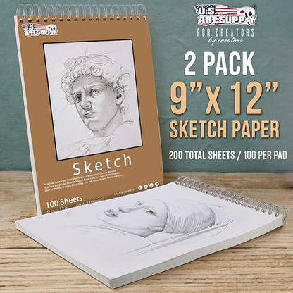 U.S. Art Supply 9"x12" Top Spiral Bound Sketch Book, 2 Pack, 100 Sheets Each, 60lb (100gsm), Acid-Free, Artist Sketchbook, Drawing Pad for Adults & Students - size: 9-x-12-inch