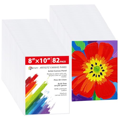 Simetufy 82 Pack 8x10 Inch Bulk Flat Canvas Boards for Painting Class and Paint & Sip Party,Blank Flat Canvas Panels Gesso Primed Acid-Free 100% Cotton for Acrylics Oil Watercolor - size: 8"x10"- 82 pack