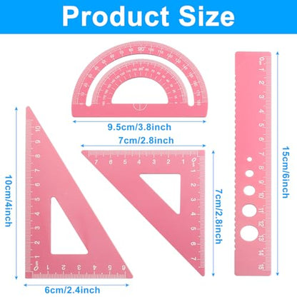 4 Pcs Triangular Ruler Set, Aluminum Alloy Geometry Tools, Metal Drafting Ruler for Students, Draftsmen, Engineers, School Office Supplies with Protractor & Metric Scales (Pink) - color: Pink
