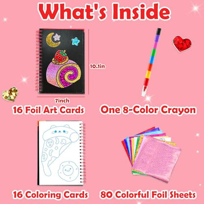 FUNNYB&G Foil Art Craft Kit for Girls 4-10 Years Old: Mess-Free & No-Glue, Create 16 Sparkly Food Pictures – Perfect Travel Toy & Birthday Gift for Kids (Food) - style: Food