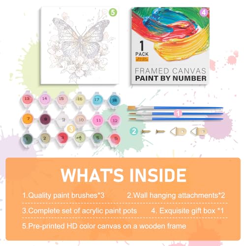 Framed Paint by Numbers Kit for Adults Beginners & Kids Ages 8-12, Butterfly Flowers Acrylic Easy Paint by Number with Frame, Paint by Number Kits on Canvas Framed (10 * 10 Inch, without Easel) - color: BOP1PF05, size: 10 x 10 Inch