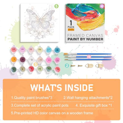 Framed Paint by Numbers Kit for Adults Beginners & Kids Ages 8-12, Butterfly Flowers Acrylic Easy Paint by Number with Frame, Paint by Number Kits on Canvas Framed (10 * 10 Inch, without Easel) - color: BOP1PF05, size: 10 x 10 Inch