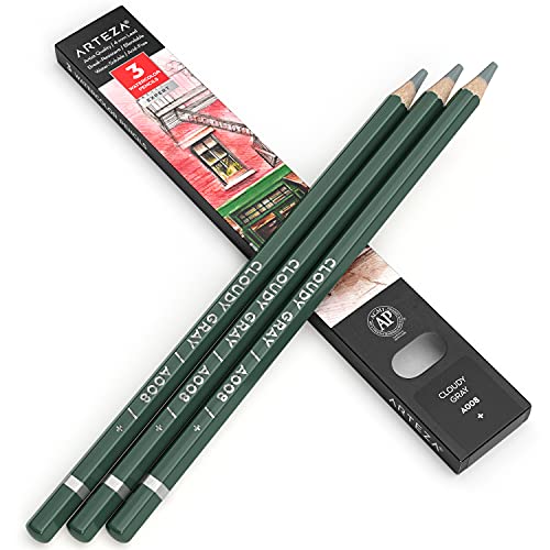 Arteza Professional Watercolor Pencils, Pack of 3, A008 Cloudy Gray, Water-Soluble Pencils for Coloring, Blending, Layering & Watercolor Techniques - color: A008 Cloudy Gray, size: 1 Count (Pack of 3)