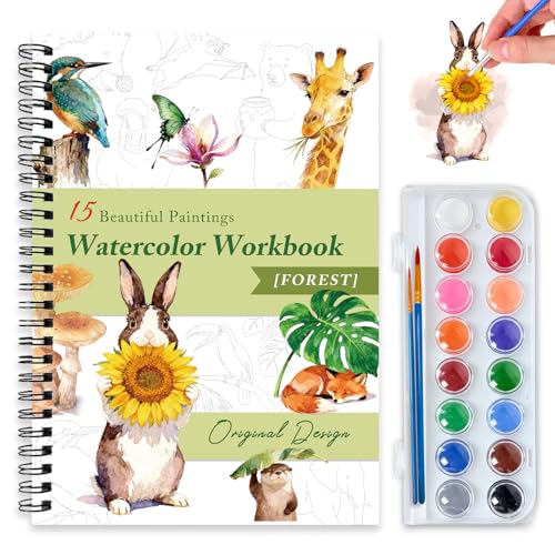 Watercolor Workbooks for Adults Beginners & Teens, 16 Colors 15 Beautiful Paintings, Pre-Outlined Designs, Easy Watercolor Art Book（Forest） - color: Forest, size: with palette