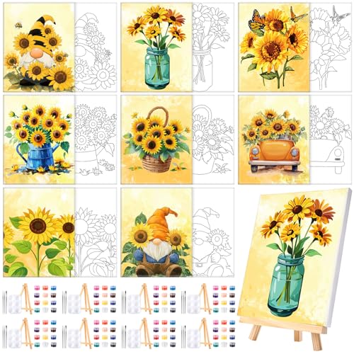 Humyoun 8 Sets 8" x 10" Sunflower Pre Drawn Canvas to Paint for Sip and Paint Party Sunflower Predrawn Coloring Set Pre Sketched Canvas Boards with Paints and Brushes for Adult - style: Sunflower
