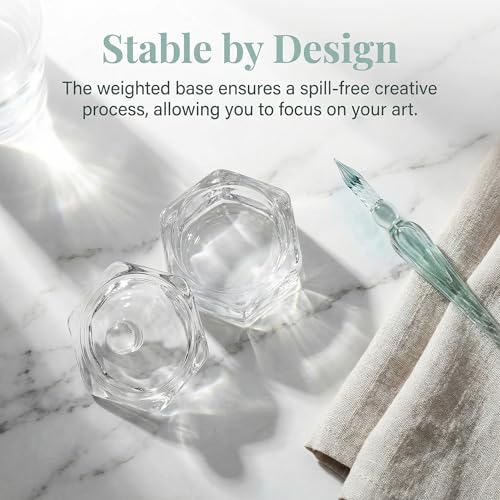 Hexagonal Crystal Glass Pen Cleaning Cup with Lid - 2 Pack Dappen Dish for Nail Art, Calligraphy, Brush and Ink Washing - Artist & Nail Tech Supplies
