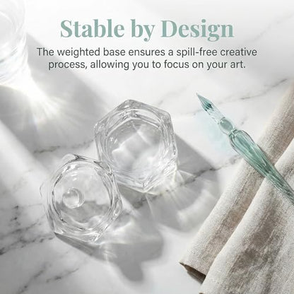 Hexagonal Crystal Glass Pen Cleaning Cup with Lid - 2 Pack Dappen Dish for Nail Art, Calligraphy, Brush and Ink Washing - Artist & Nail Tech Supplies