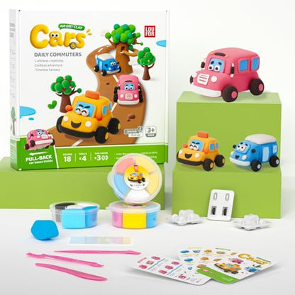 Air Dry Clay Kit for Kids - Pull Back Car Making, 3 Boxes Modeling Clay with Sculpting Tools, Base, Backing Board, Tutorial, Ultra Light & Soft, Non-Toxic & Safe, Creative DIY Arts and Crafts Toys - color: Daily Commuters