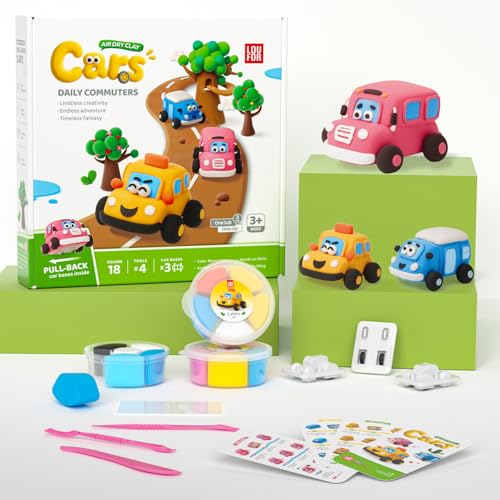 Air Dry Clay Kit for Kids - Pull Back Car Making, 3 Boxes Modeling Clay with Sculpting Tools, Base, Backing Board, Tutorial, Ultra Light & Soft, Non-Toxic & Safe, Creative DIY Arts and Crafts Toys - color: Daily Commuters