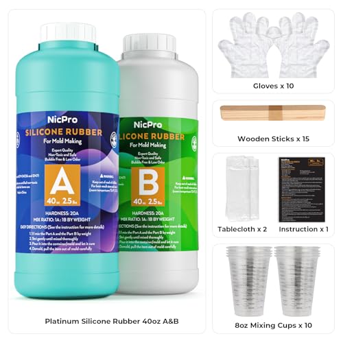 Nicpro 80 oz Silicone Mold Making Kit 20A, Platinum Liquid Silicones Rubber for Mold Maker, Jade Green Flexible & Food Safe Mix Ratio 1:1 for Casting 3D Resins Molds DIY with Gloves, Sticks & Cups - size: 80oz