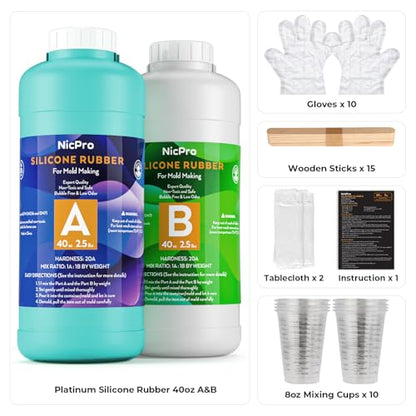 Nicpro 80 oz Silicone Mold Making Kit 20A, Platinum Liquid Silicones Rubber for Mold Maker, Jade Green Flexible & Food Safe Mix Ratio 1:1 for Casting 3D Resins Molds DIY with Gloves, Sticks & Cups - size: 80oz