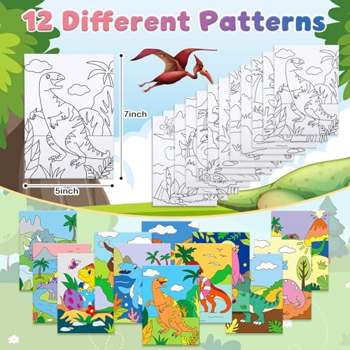 Anseal 12 Packs Animals Pre Drawn Canvas to Paint, 5" X 7" Dinasour Pre Printed Canvas, Pre Stretched Canvas Outline Painting Boards for Beginners, Party Favor - style: Dinasour