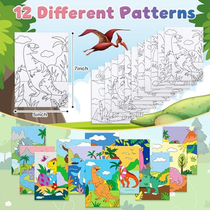 Anseal 12 Packs Animals Pre Drawn Canvas to Paint, 5" X 7" Dinasour Pre Printed Canvas, Pre Stretched Canvas Outline Painting Boards for Beginners, Party Favor - style: Dinasour