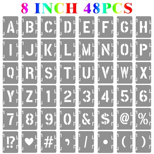 8 Inch Letter and Number Stencils Symbol Numbers Craft Stencils, 48 Pcs Reusable Alphabet Templates Interlocking Stencil Kit for Painting on Wood, Wall, Fabric, Rock, Sign, DIY Art Projects - style: 8 inch
