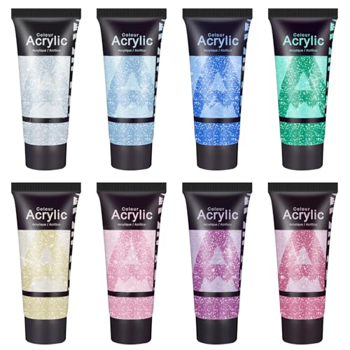 AUREUO Galaxy Glitter Acrylic Paint Set - 8 Twinkle Iridescent Colors 0.71 Fl Oz / 21ml Tubes Sparkling Art Paints for Holiday Crafts Decor Non Toxic Art Supplies for DIY Projects, Gifts for Artists - color: 8 Glitter Colors, size: 0.71 Fl Oz (Pack of 8)