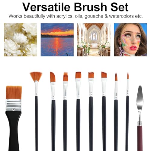 Paint Brushes Set, Nylon Hair Artist Brushes with Wide Flat, Round, Filbert, Flat, Fan, Angle,Palette Knife for Acrylic Oil Watercolor,Black Handle,16PCS