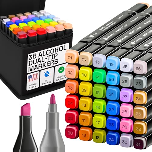 Alcohol Dual Tip Markers Set of 36 with No Bleed Ink, Bonus Case and Vibrant Fade-Resistant Colors, Art Supplies for Sketching, Manga, Drawing, Adult Coloring Books, Card Making (Fine & Chisel) - color: 36 Colors