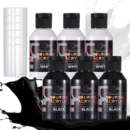 OPHIR Total 22.8OZ Acrylic Pour Paint Set, 3 Black and 3 White Premixed Acrylic Pouring Paint Supplies for Canvas, Rocks, Wood, Glass, Paper, Crafts, Water Based Ready to Pour White or Black Paints - color: 3 Black & 3 White Set