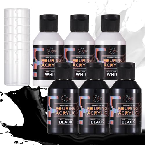 OPHIR Total 22.8OZ Acrylic Pour Paint Set, 3 Black and 3 White Premixed Acrylic Pouring Paint Supplies for Canvas, Rocks, Wood, Glass, Paper, Crafts, Water Based Ready to Pour White or Black Paints - color: 3 Black & 3 White Set