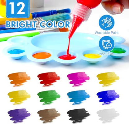 64 Pack Washable Paint Set, 12 Colors Non Toxic Finger Paints with Sponges, Paint Brushes, Waterproof Paint Smock, Palettes, Cards, Storage Box for Art, Crafts, Children Age 12+ and Adults(2 oz Each) - style: 64pcs