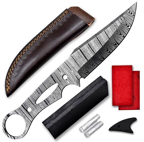 Custom Hand Forged Damascus Steel Blank Blade DIY Knife Making Kit Including G-10 Micarta Scale, Leather sheath, Pins, Scale, Camping Blade Damascus Blade Billet Knife Making Supply (BK-F) - color: BK-F