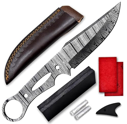 Custom Hand Forged Damascus Steel Blank Blade DIY Knife Making Kit Including G-10 Micarta Scale, Leather sheath, Pins, Scale, Camping Blade Damascus Blade Billet Knife Making Supply (BK-F) - color: BK-F