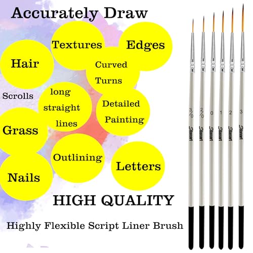 Sdanart Script Liner Paintbrush 6 PCS Highly Flexible Liner Brush Extra Long Fine Point Tip Pinstriping Scroll Outlining Brush for Acrylic Watercolor Oil Gouache