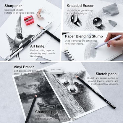 24PCS Professional Sketch Pencil Set – 5H to 14B Pencils, Charcoal Pencils, Art Supplies Kit with Erasers, Sharpener, Knife – Ideal Gift for Artists, Students, Kids, Beginners