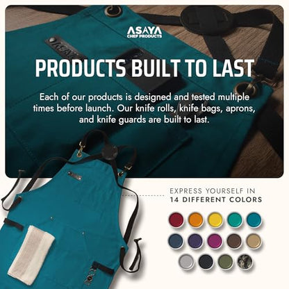 Asaya Chef and BBQ Apron with Bottle Opener and Hand Towel - 10oz Cotton Canvas, Stainless Steel Hardware - Cross Back Straps - color: Blue-green