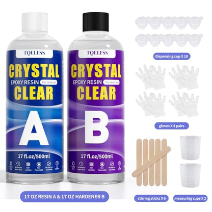 TQELFSS Epoxy Resin Kit 34 OZ, Crystal Clear Epoxy Resin Epoxy (17 OZ ×2), Fast Curing, Bubble Free, Self Leveling, No Yellowing Casting for Jewelry Making, Flower Preservation, Wood, Countertops - size: 34oz