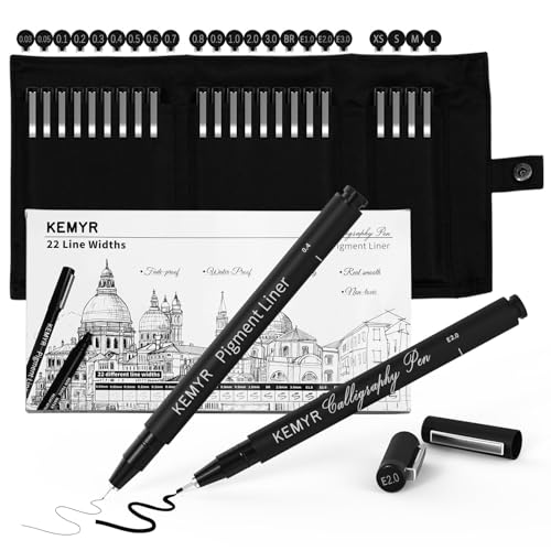 KEMYR Micro Fine liner Drawing Art Pens Calligraphy Pens: 22 Size Art supplies Waterproof Archival Black Ink Markers For Artists,Use for Professional Watercolor,Sketching,Anime,Manga,Zentangle - color: Black Calligraphy&Micro Pens 22 Sizes 0.03mm-L, style