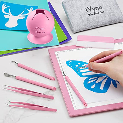 iVyne (8pcs) Premium Vinyl Weeding Tool Kit & Weeding Scrap Collector Soft Grip Tools with Berry, Weeder, Tweezers, Picker Or Hook, and Scraper Set for Silhouette Cameos & HTV- Pink - color: Silicone Tools & Berry Pink