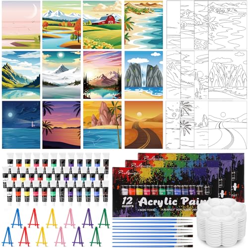 Sherr 108 Pcs 12 Set Landscape Sip and Paint Kit for Adults 8''x10'' Pre Drawn Canvas to Paint DIY Acrylic Painting Kit Pre Printed Canvas for Date Night Easter Mothers Day Party Team Building - style: Landscape