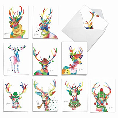 The Best Card Company Variety Pack of 10 Christmas Greeting Cards with Envelopes, Humor Holiday Assortment for Men and Women (10 Designs, 1 Each) - Fancy Reindeer AM6751XSG-B1x10 - style: Fancy Reindeer