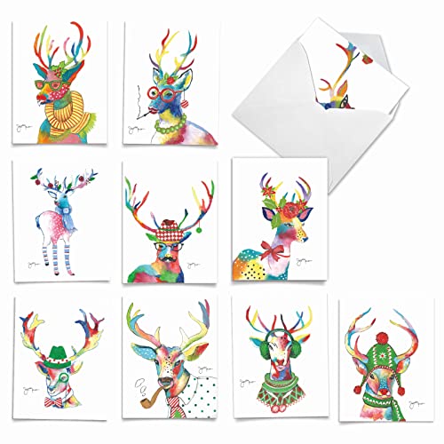 The Best Card Company Variety Pack of 10 Christmas Greeting Cards with Envelopes, Humor Holiday Assortment for Men and Women (10 Designs, 1 Each) - Fancy Reindeer AM6751XSG-B1x10 - style: Fancy Reindeer