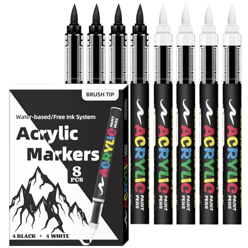 Black White Acrylic Paint Markers, 8 Colors Direct Liquid Acrylic Paint Pens with Brush Tip, No Bleed Water-Based Marker for Black Paper, Rock Painting, Wood, Glass, Fabric, DIY Crafts - color: Black White