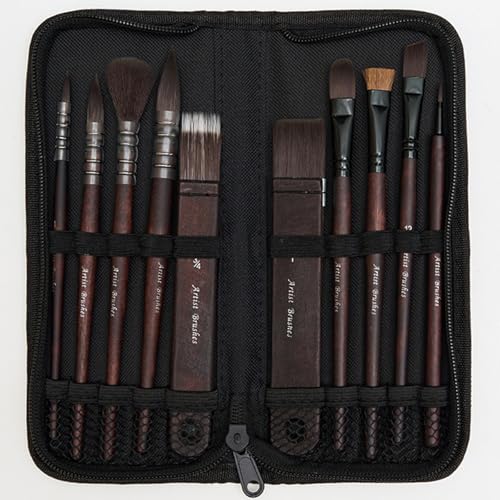 10 Pcs Watercolor Brush Set, Synthetic Hair with Wood Handle, Hake Round Flat Dagger Needle Cat Tongue for Acrylic Gouache Detail Painting