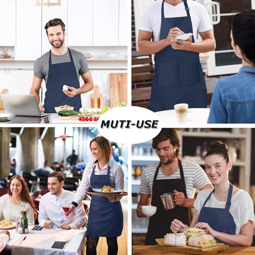 4 Pack Chef Apron, Waterproof Apron, Adjustable Apron with 2 Pockets for Men Women, Apron for Cooking Baking Restaurant (Polyester Blend, Navy Blue) - color: Navy Blue