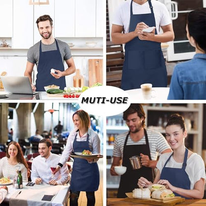 4 Pack Chef Apron, Waterproof Apron, Adjustable Apron with 2 Pockets for Men Women, Apron for Cooking Baking Restaurant (Polyester Blend, Navy Blue) - color: Navy Blue