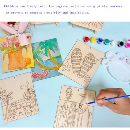 Piatoeke 16PCS 5.9×4.7in Unfinished Wood Crafts to Paint,DIY Fun Things to Paint and Hang, Wooden Summer Cutouts Board for Kids Painting(Summer) - color: Summer